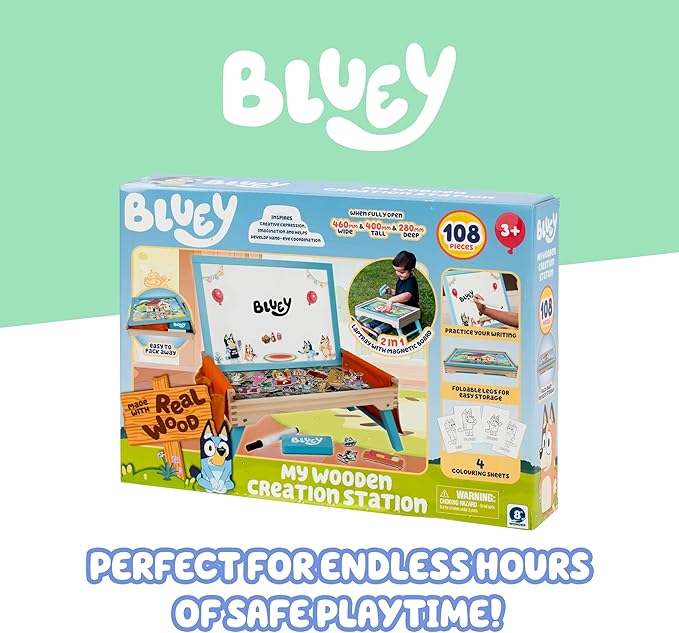 Bluey Art Creation Kids Art Station with 100 Magnets & Whiteboard Lid, Foldable Legs, Art Table for Kids, Storage Pockets