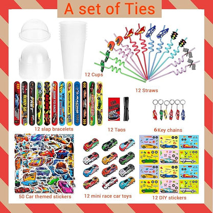 128 Pcs Race Car Party Favors, Race Car Birthday Party Decoration, Christmas Race Car Party Decoration, Including Cup Straw Buckle Bracelet Mini Car Stickers Keychain For New Year Gifts Party Supplies
