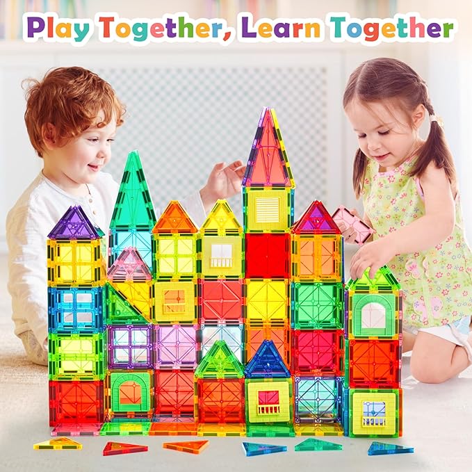 Magnetic Building Tiles for Kids, 100 PCS Magnetic Blocks with Storage Bag, Magnet Tiles STEM Educational Stacking Toys Gift for Toddler Ages 3 4 5 6 7 8 9