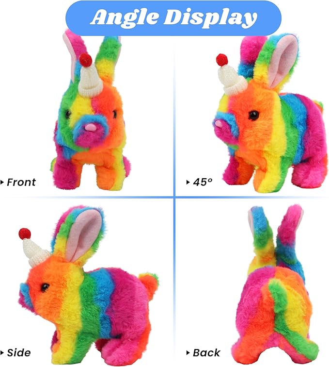 Hopearl Hopping Rabbit with Hat Interactive Electronic Pet Plush Bunny Toy with Sounds and Movements Animated Walking Wiggle Ears Twitch Nose Gift for Toddlers Birthday, Rainbow, 7''