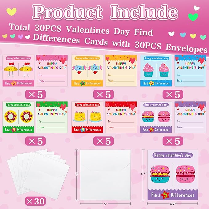 FaCraft Find 5 Difference Valentines Day Cards for Kids Classroom School Valentines Gifts Cards for Kids Boys Girls School Classroom Valentines Party Favors Valentines Exchange Cards with Envelopes