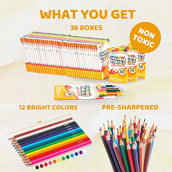 JOYIN 432 Count Colored Pencils Bulk, Pre-sharpened Colored Pencils for Kids 4+, Bulk Coloring Pencils School Supplies for Teachers, Classroom Prizes (12 Assorted Colors, Individual Pack of 36)