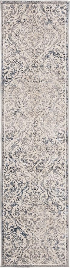 SAFAVIEH Brentwood Collection 2' x 6' Light Grey/Blue BNT810G Damask Non-Shedding Living Room Entryway Foyer Hallway Bedroom Runner Rug