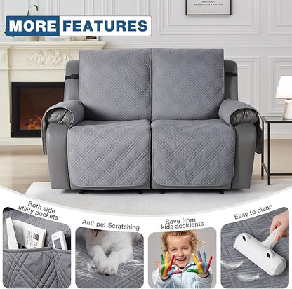 TAOCOCO 100% Waterproof Loveseat Recliner Cover, Non Slip Split Loveseat Covers for Reclining Loveseat with Elastic Straps, Washable Recliner Chair/Furniture Protector for Kids Pets(2 Seater, Gray)