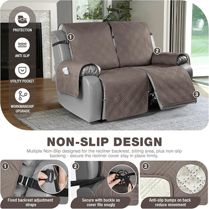 TAOCOCO 100% Waterproof Oversized Loveseat Recliner Cover, Non Slip Split Loveseat Covers for Reclining Loveseat with Elastic Straps for Kids Pets(Oversized 2 Seater, Taupe)