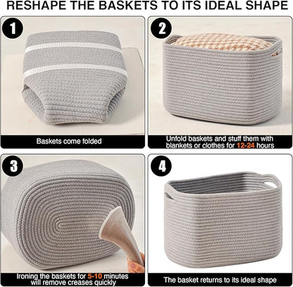 ICERZCZ Storage Baskets for Organizing Shelves, Woven Cotton Rope Bins for Baby Nursery Organization, Book Toy Towel Organizer, 15"x11"x9.5", 3 Packs, Grey