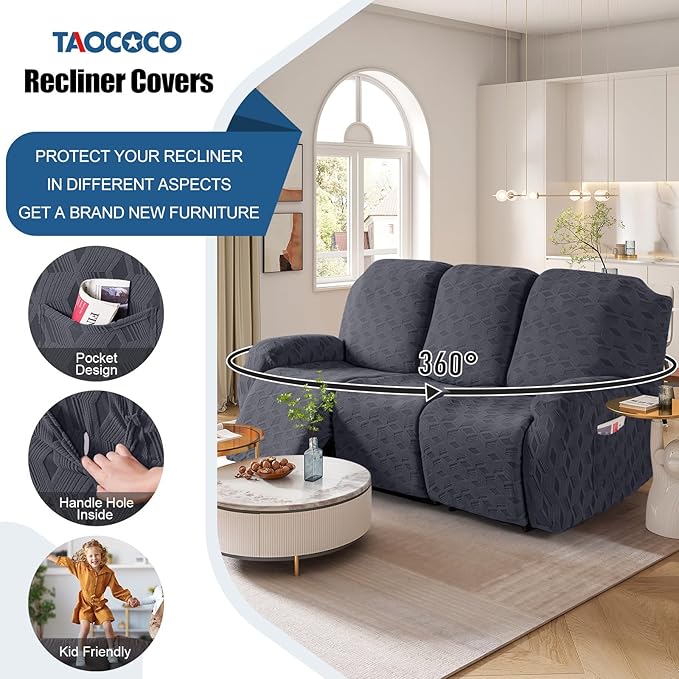TAOCOCO Recliner Sofa Covers Stretch Reclining Couch Cover, Jacquard Recliner Couch Cover for 3 Seat Furniture Protector Sofa Slipcovers with Elastic Bottom for Kids, Pets (Dark Grey)