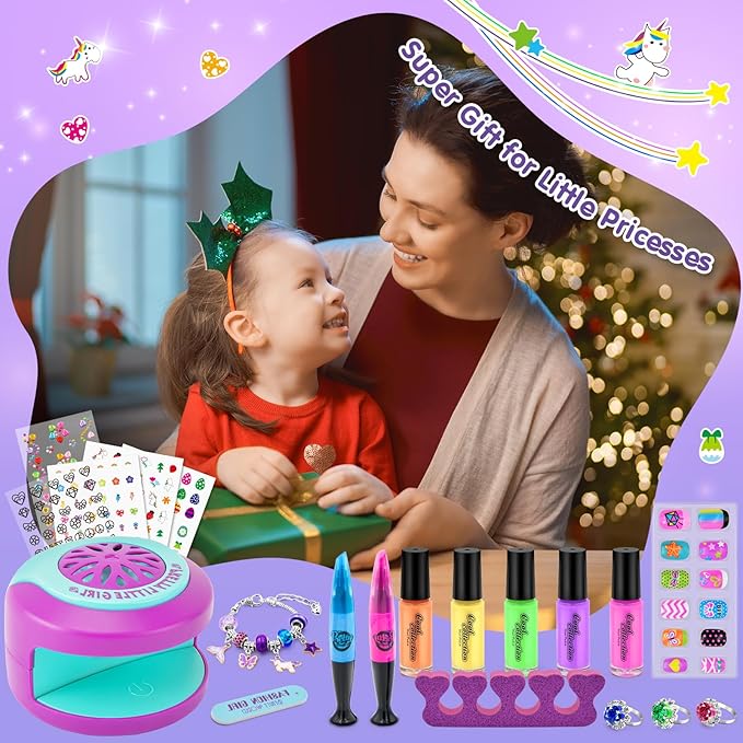 Kids Nail Polish Set for Girls Nail Art Kits with Nail Dryer, Quick Dry & Peel Off & Non-Toxic Nail Polish,2 in 1 Nail Art Pen - Charm Bracelet Making Kit & Ring Birthday Gifts for Girls Ages 7-12