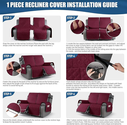 TAOCOCO 100% Waterproof Recliner Covers, Recliner Sofa Covers with Leg Straps, Reversible Recliner Couch Cover for Reclining Chair, Washable Couch Protector for Pets Kids(2 Seater, Wine)