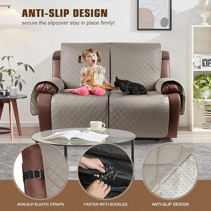 KinCam Waterproof Oversized Loveseat Recliner Cover, Non-Slip Reclining Couch Covers for 2 Seat, Recliner Sofa Cover Furniture Protector with Elastic Straps for Kids, Pets, Khaki