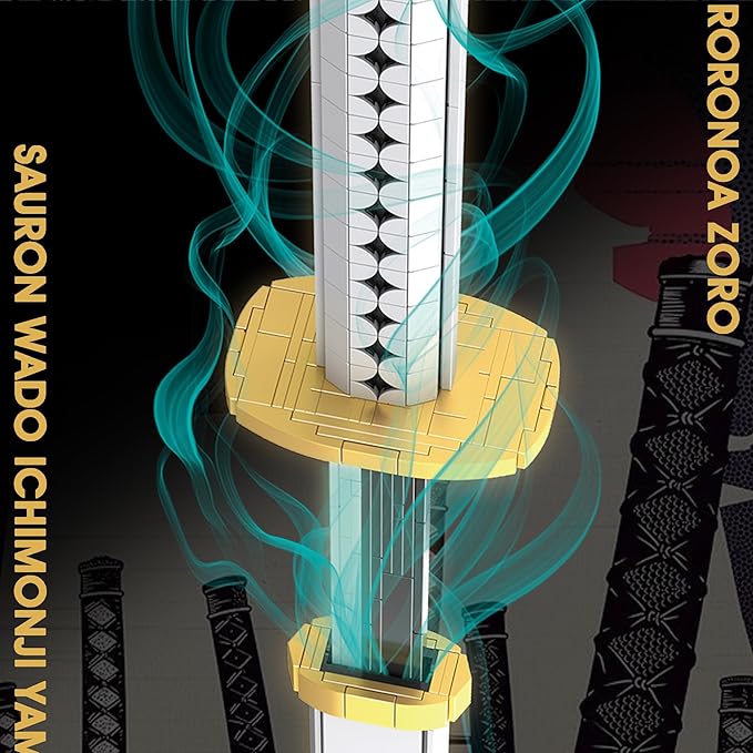 HI-REEKE Cosplay Anime Swords Building Blocks Kit 1 Piece Roronoa Zoro Sauron Wado Ichimonji Yamato Sword Model Samurai Katana Toys for Adult -806PCS Luminous