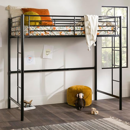 Walker Edison Timothee Urban Industrial Metal Twin over Loft Bunk Bed, Twin Size, Black
