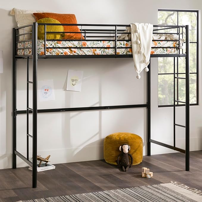 Walker Edison Timothee Urban Industrial Metal Twin over Loft Bunk Bed, Twin Size, Black