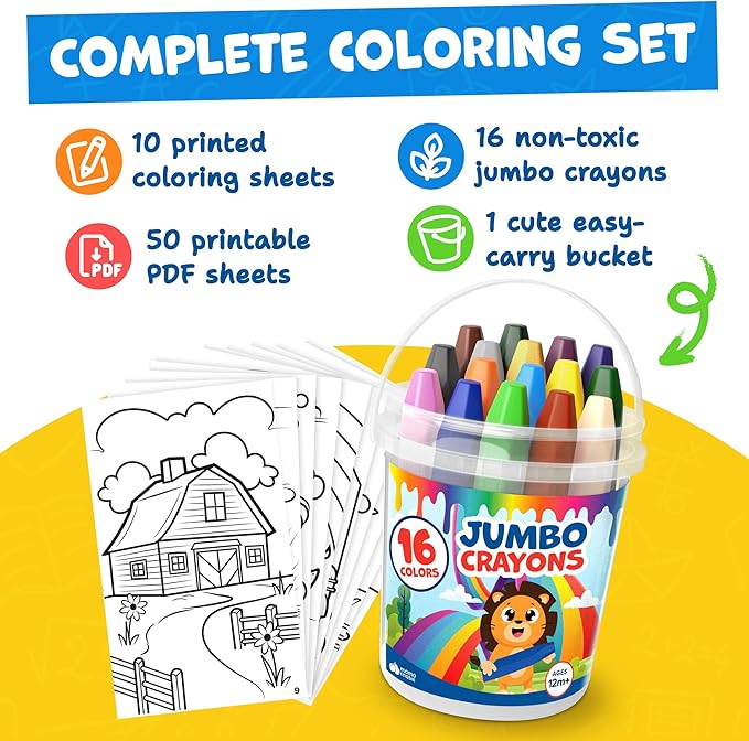 Jumbo Jumbo Crayons For Kids, Ages 1-8 - 16pc, Large, Non-Toxic Washable With Printed & PDF Color Sheets