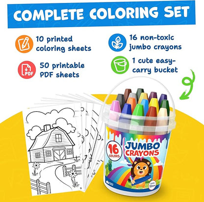 Jumbo Jumbo Crayons For Kids, Ages 1-8 - 16pc, Large, Non-Toxic Washable With Printed & PDF Color Sheets