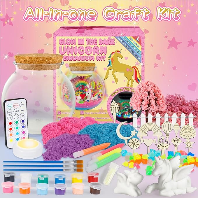 Unicorn Terrarium Kit for Kids - Arts & Crafts Activities Kit with Glow in The Dark Painting - DIY Unicorn Toys Birthday Gifts for Girls Age 5, 6, 7, 8, 9, 10, 11 & 12 Year Old