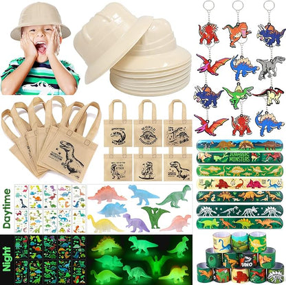 Golray 72Pack Dinosaur Birthday Party Supplies Favors Safari Hat Tote Goodie Bags Luminous Dino Figure Tattoo Keychain Slap Bracelet for Kid Boy Safari Jungle Explorer Dinosaur Party Favor Supplies