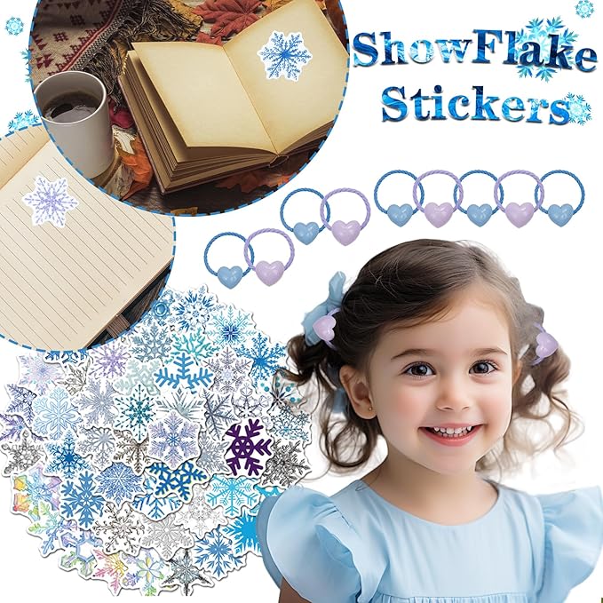 110Pcs Snowflake Birthday Party Favors Supplies kids Girl Winter Party Decorations Set Include Stickers, Hair clips, Necklaces, Rings, Hair Ties, Hair clips, Bracelets