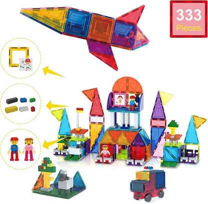 PicassoTiles 333pcs Magnetic Brick Tile and Magnetic Tile Combo Set, Action Figures included, Building Blocks STEM Toys, Educational Montessori Preschool Toddler classroom learning toys, Kids activity