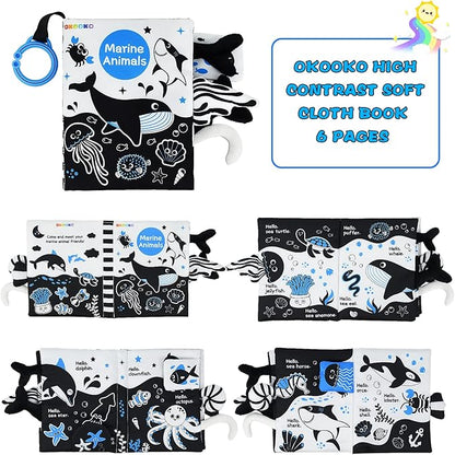 OKOOKO Soft Baby Book Black and White High Contrast Marine Animals Tails Book Bath Book Montessori Sensory Stroller Toy Non-Toxic Crinkle Washable Early Education for Baby Infant Toddler