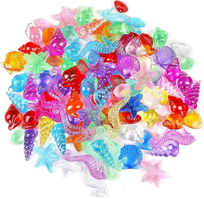 HAPTIME 100 Pcs Sensory Bin Filler, Diving Gem Pool Toys for Kids, Plastic Seashells Under The Sea, Little Mermaid Table Decorations, Sea Shells for Crafting, Vase Filler