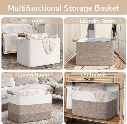 Goodpick 105L Extra Large Blanket Basket 25" x 16" x 16" Cotton Rope Storage Baskets for Organizing, Baby Laundry Basket with Handles, Rectangle Woven Baskets for Storage, Brown