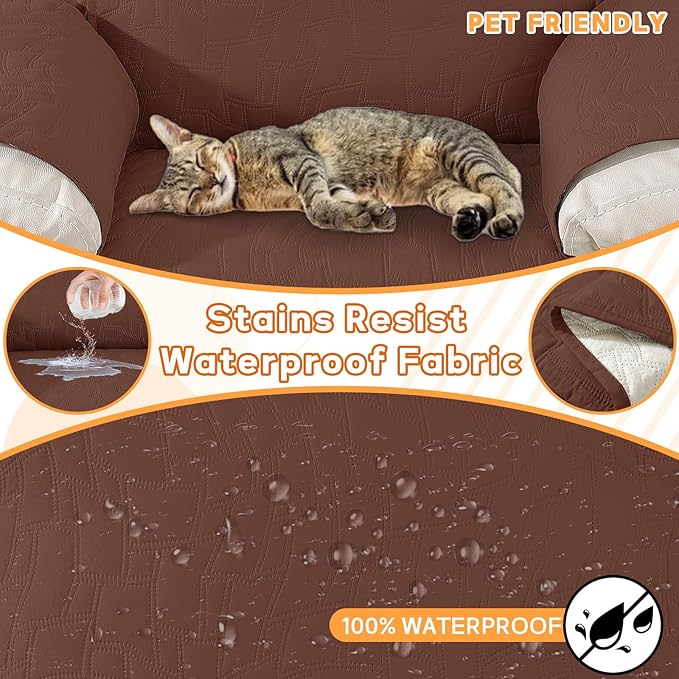 XINEAGE 100% Waterproof Recliner Chair Covers with Elastic Straps, Nonslip Reclining Couch Covers Washable Recliner Couch Cover with Pockets Furniture Protector for Pets Dogs (Coffee, 30")