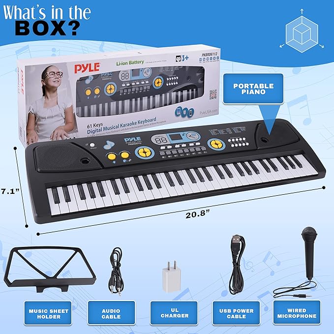 Electric Keyboard Piano 61 Keys - Portable Digital Musical Karaoke Piano Keyboard -10 Rhythms 16 Tones, Stereo Speakers, Rechargeable Battery - Wired Microphone - Beginners Kids Adult - Pyle PKBRD6112