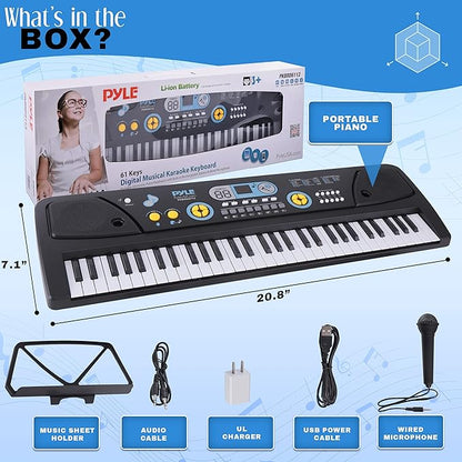 Electric Keyboard Piano 61 Keys - Portable Digital Musical Karaoke Piano Keyboard -10 Rhythms 16 Tones, Stereo Speakers, Rechargeable Battery - Wired Microphone - Beginners Kids Adult - Pyle PKBRD6112