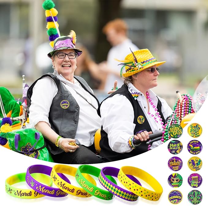 60 Pcs Mardi Gras Party Favors Includes 30 Mardi Gras Rubber Bracelets Silicone Wristbands and 30 Button Pins Badges for Carnival Birthday Party Supplies Decorations Goodie Bag Stuffers Fillers