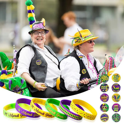 60 Pcs Mardi Gras Party Favors Includes 30 Mardi Gras Rubber Bracelets Silicone Wristbands and 30 Button Pins Badges for Carnival Birthday Party Supplies Decorations Goodie Bag Stuffers Fillers