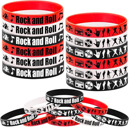 CupaPlay 24PCS Rock and Roll Rubber Bracelets -Rock and Roll Theme Party Supplies Decorations 80s 90s Party Music/Musical Birthday Baby Shower Silicone Wristbands Party Favors