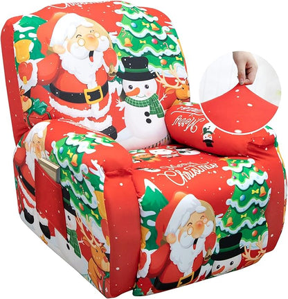 Recliner Chair Covers Christmas Recliner Slipcover Furniture Protector for Recliner with Elastic Bottom 4 -Pieces Stretch Lazy-Boy Recliner Slipcover with Side Pocket Anti-Slip (Christmas Red)