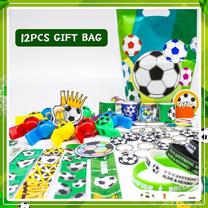 120Pcs Soccer Party Favors, Soccer Birthday Party Supplies with Whistle Stickers Slap Bracelet Key Chains and Soccer Goodie Bags for Soccer Party Decorations Supplies