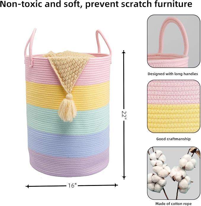 XUANGUO Rope Laundry Basket Hamper for Kids Girl Woven Storage Basket for Living Room Bedroom Boho Tall Baskets for Blanket Toys Pillow Towels Baby Nursery Hamper Bin rainbow Large