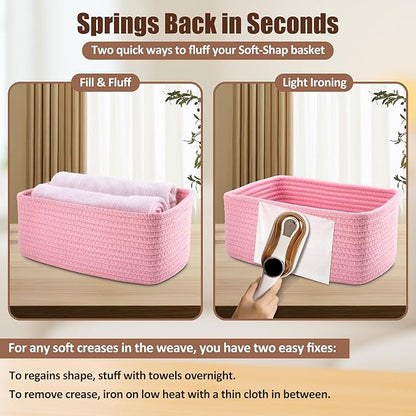 5-Pack Small Woven Rope Storage Baskets – 2 Sizes Organizer Bins for Closet, Shelf, Bookshelf, Nursery, Changing Table, Fabric Cube Boxes, Rectangular Shallow Bins for Bathroom, Toy & Home
