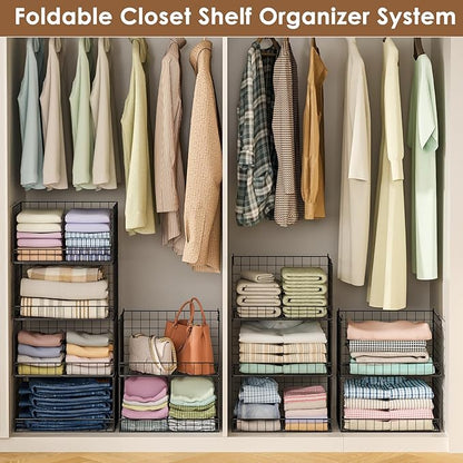 Yociyoga 3-Tier Stackable Closet Organizers and Storage Shelves, Foldable Closet Shelf Organizer, Stackable Storage Bins Drawers for Closet Organizer System, Black(Patent Pending)