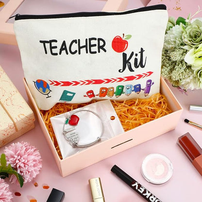 8 Pcs Teacher Appreciation Gift Set for Women, 4 Teacher Makeup Pouch Cosmetic Bags and 4 Bangle Bracelets, Christmas Valentines Thank You Gifts for Teacher (Teacher Survival Kit)