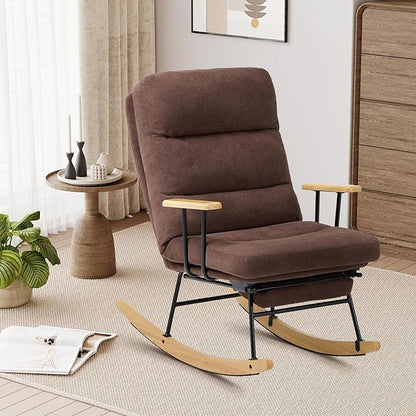 Rocking Chair with Footrest-Glider Rocker Chair with Retractable Footrest and Adjustable Backrest, Teddy Upholstered Rocking Chair, Modern Accent Chair for Living Room/Nursery/Bedroom/Outdoor-Brown