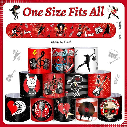 48PCS Rock and Roll Party Favors Slap Bracelets Wristbands Rock Star Party Decorations Supplies for 80s 90s Born to Rock Rock Fake Musician Guitar Rap Theme Party