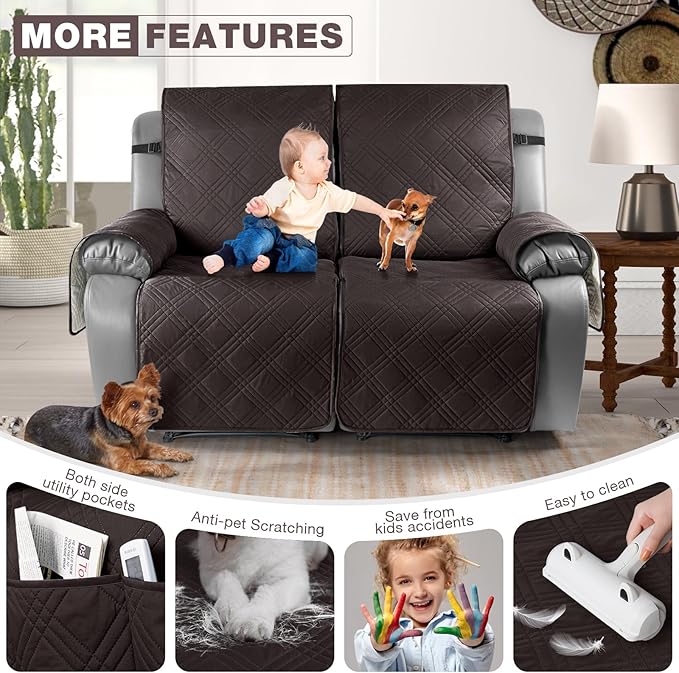 TAOCOCO 100% Waterproof Oversized Loveseat Recliner Cover, Non Slip Split Loveseat Covers for Reclining Loveseat with Elastic Straps for Kids Pets(Oversized 2 Seater, Coffee)