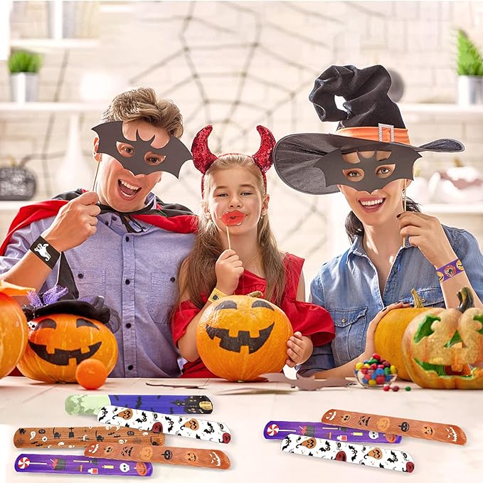 48 PCS Halloween Slap Bracelets for kids bulk, Halloween Snap Bracelets Toys Slap Bracelets Wristbands for Happy Halloween Party Favors