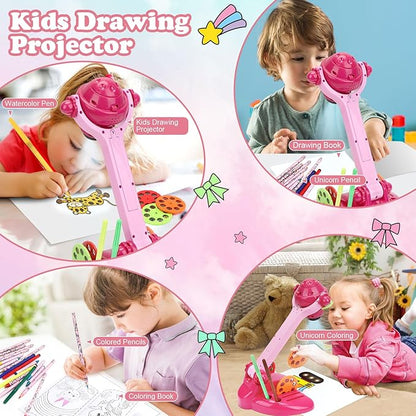 Hoarosall Drawing Projector for Kids, Art and Craft Kit, Toys for Girls Aged 3+, Drawing Supplies, Including Colored Pencils, Crayons, Coloring Books, Gift for 3+ Year Old Girls (Rose Red)