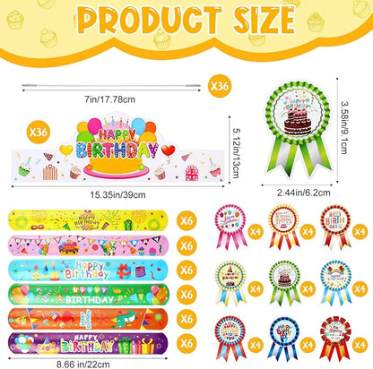 Yunsailing 108 Pcs Happy Birthday Party Supplies for Kids Include 36 Birthday Paper Crowns 36 Birthday Badge Stickers 36 Happy Birthday Slap Bracelets for Classroom School Party Supply (White Color)