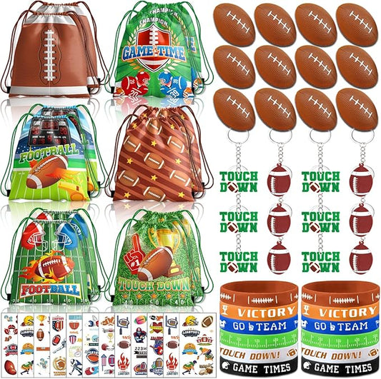 60pcs Football Party Favors, Football Goodie Bags Football Gift Bags Stuffers for Boys Includes Drawstring Bags Bracelet Keychain Tattoo Stickers Mini Football for Football Birthday Party Supplies