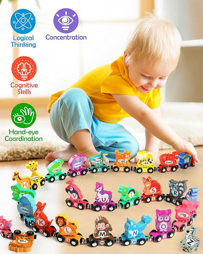 Vanmor Wooden Train Set for Toddlers - Snap-Connection Animal Trains, Magnetic Alphabet Train Learning Toys, STEM Preschool Toys, ABC and Animal Play Set for Kids Ages 3-5