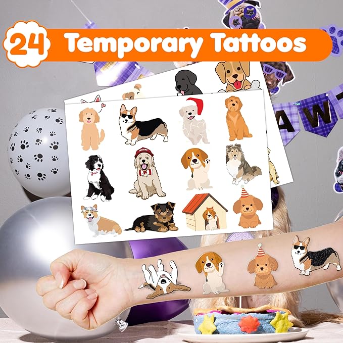 48PCS Dog Party Favors - 24PCS Tattoos & 24PCS Snap Bracelets - Puppy-Themed Birthday Supplies, Cute Decorations, Classroom Prizes, Gifts for Kids