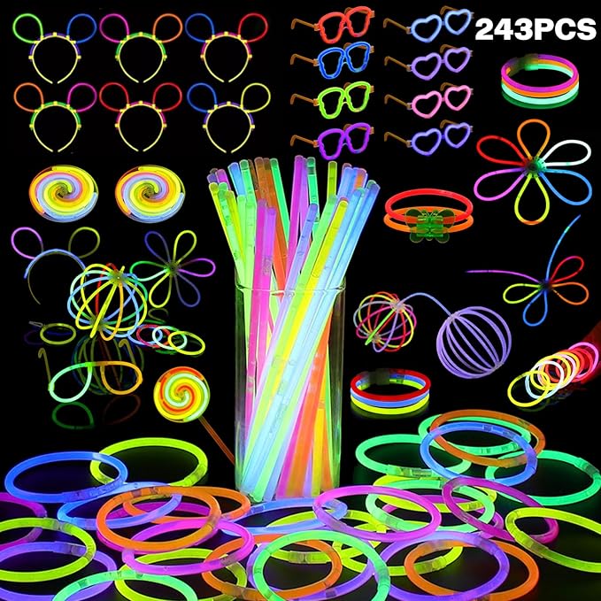 Glow in the Dark Party Supplies,243pcs Glow Party Favors Light Up Toys with Glasses Hair Clips Rave Accessories,100 Glow Sticks Bulk,for Glow Party Raves Birthday