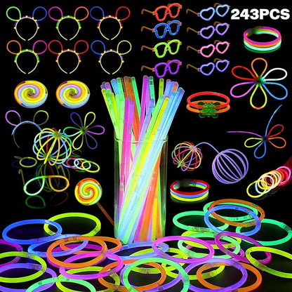Glow in the Dark Party Supplies,243pcs Glow Party Favors Light Up Toys with Glasses Hair Clips Rave Accessories,100 Glow Sticks Bulk,for Glow Party Raves Birthday