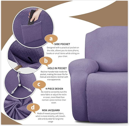 JIVINER 8-Piece Recliner Sofa Covers Stretch Jacquard Couch Covers for Recliner Slipcovers for Living Room 3 Cushion Soft Recliner Protector with Pocket (Sofa Recliner, Light Purple)